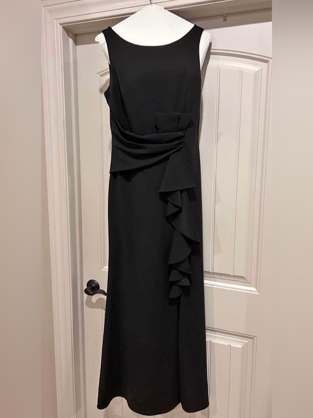 Betsy & Adam Black Sleeveless Maxi with Draped Ruffle Accent